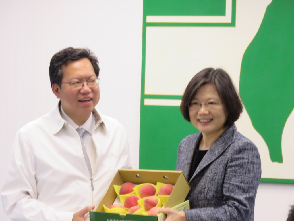 蔡英文充當Showgirl，幫忙推銷桃園復興區「五月桃」。（朱蒲青攝）