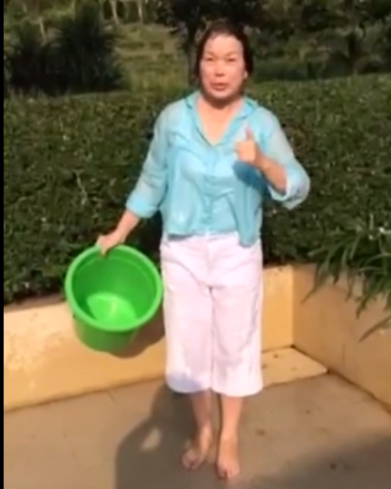 交通部長點名，文化部長龍應台爽快接招，卻因友人不熟悉手機錄影功能，自潑了3桶冰水才成功。(文化部提供)