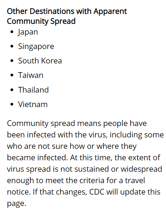 美國CDC將台日韓等六國同列社區傳播名單，但尚未發布旅遊警示。圖／擷取自CDC官網