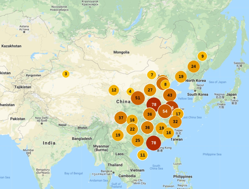 2017年10月至2018年4月6日為止，中國罷工的件數地圖。截圖取自/China Labour Bulletin 網頁