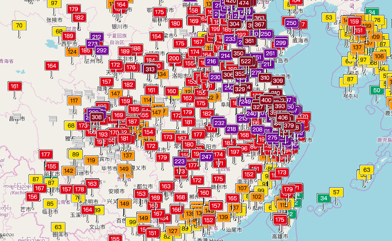 東北季風夾帶空氣污染物來襲台灣，全台跨年連假將又冷又髒。圖／取自實時空氣質量指數地圖