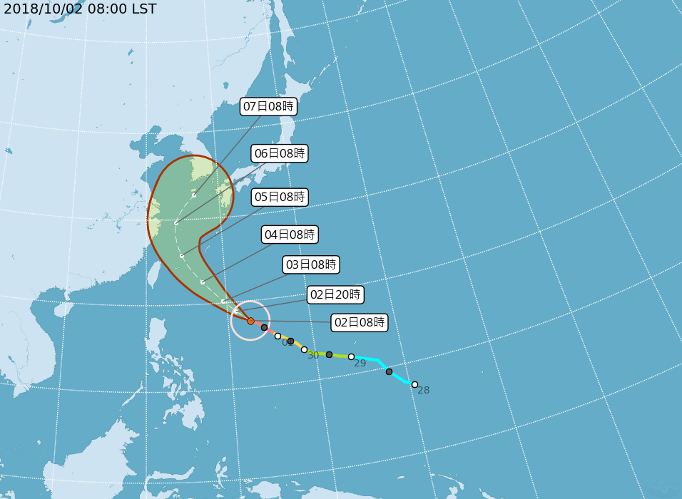  氣象局預估4日、5日康芮最接近台灣，受到颱風外圍環流的影響，台灣各地早晚體感偏涼，西半部日夜溫差大。圖／中央氣象局