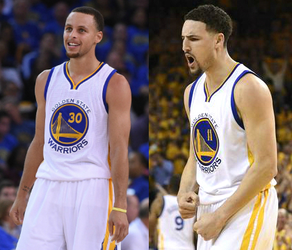 NBA金州勇士隊『浪花兄弟』柯瑞(Stephen Curry，左)、湯普森(Klay Thompson)聯手在西區總冠賽中逆轉勝擊敗雷霆。圖／組合自網路資料