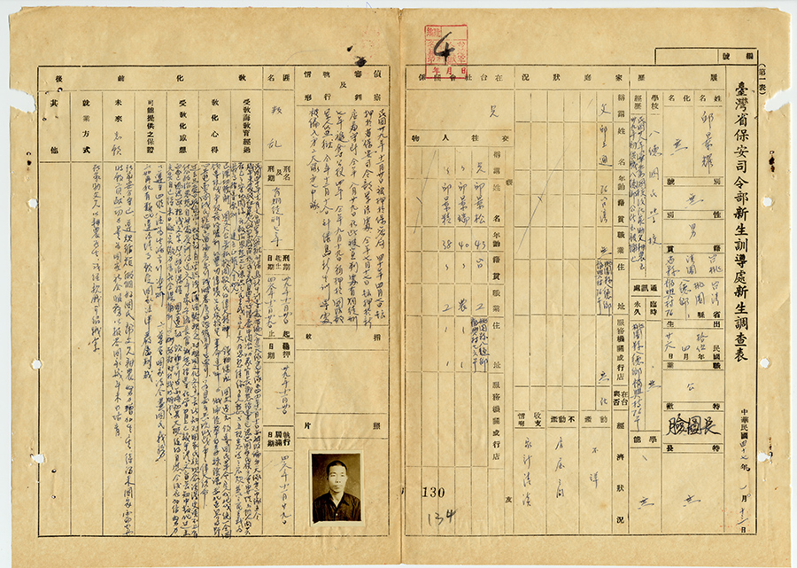 邱景耀的「新生調查表」中，清楚記載他的關押經歷，從1950年11月30日被捕關押於保密局、軍法處、新店看守所、軍人監獄及綠島新生訓導處