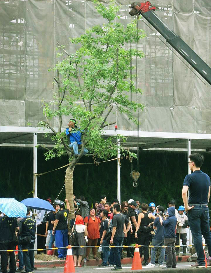 護樹團體以肉身阻擋怪手。(資料照,取自潘翰疆臉書)