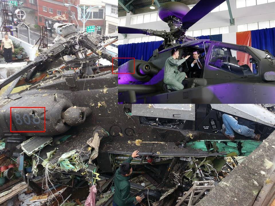 一架阿帕契直升機今早摔落民宅屋頂，網友發現正是去年馬總統乘坐過的同一架。翻攝自網路