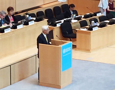 衛福部長林奏延25日在世衛組織發表演說，籲請各國支持台灣參與世衛組織活動。(中央社)