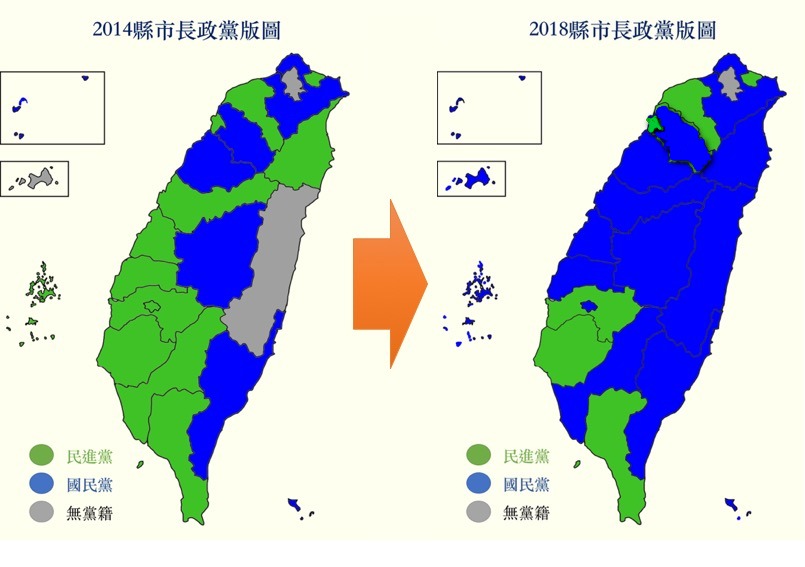 2014、2018縣市長選舉藍綠版圖變化，截至凌晨1時，中選會票數統計未結束，台北市由柯文哲領先丁守中4千多票。（黃昰熏製圖）