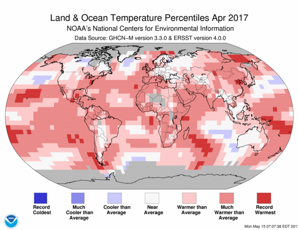 2017年4月全球平均氣溫是14.60°C，是從1880年來第二高溫。圖／取自NOAA/NCEI