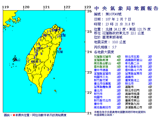 花蓮7日晚間23：21發生規模5.7地震。圖／取自中央氣象局