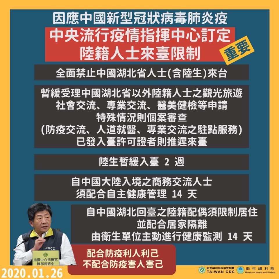 因應中國新型冠狀病毒肺炎疫情，中央流行疫情指揮中心今（26）日宣布中國籍人士來台限制。圖／衛福部