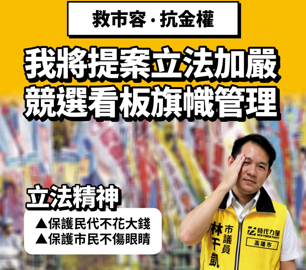 時代力量高雄市議員林于凱表示，將在第三會期提交《競選廣告物自治條例草案》，依照人口設立競選廣告物上限。