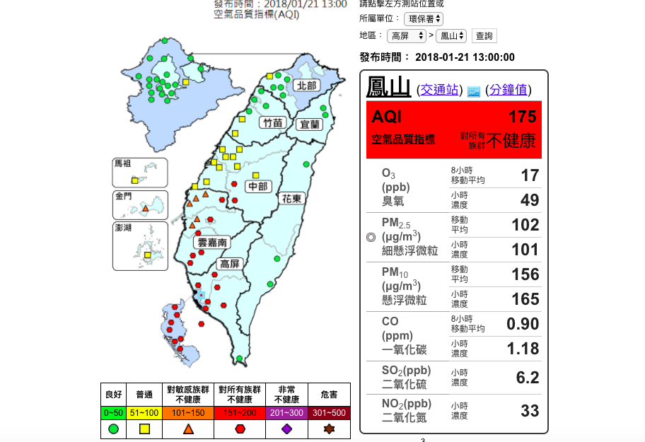 雲嘉南高屏地區連續多日空氣品質都達到對所有族群有危險的紅害等級，到處一片灰濛濛讓環團非常不滿。圖／取自環保署空氣品質即時監測網