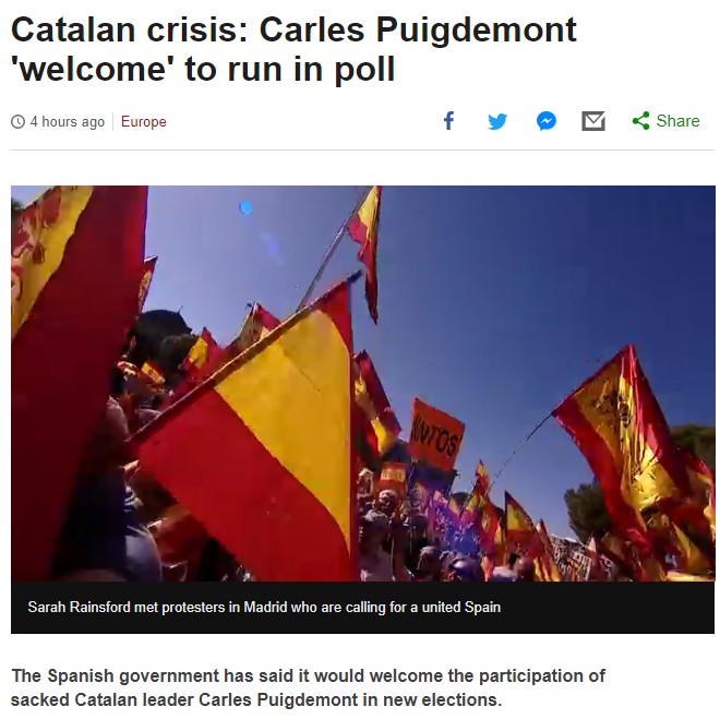 西班牙政府解散自治議會及自治區主席普伊格蒙特（Carles Puigdemont）等官員職務，將於12月重新舉行地方選舉，中央政府表示，歡迎普伊格蒙特參加選舉。圖／擷取自BBC網站