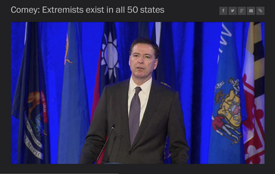 青天白日滿地紅的旗幟25日出現在美國聯邦調查局(FBI)局長柯米參與的一項反恐活動上。柯米發表談話時,青天白日滿地紅旗就在他背後的各州州旗中。台灣和美國網友都熱議這個罕見的畫面。圖片來源:Washington Post TV網站/中央社 104年2月26日