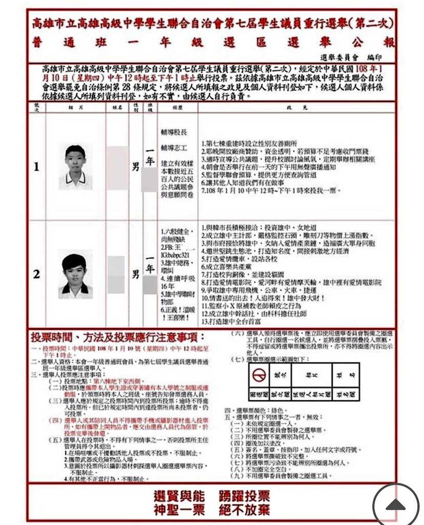 雄中學生候選人仿照市長選舉的議題與政見，加上在學校的生活經驗以詼諧的方式來表現自己的想法。(圖/陳俊廷翻攝)