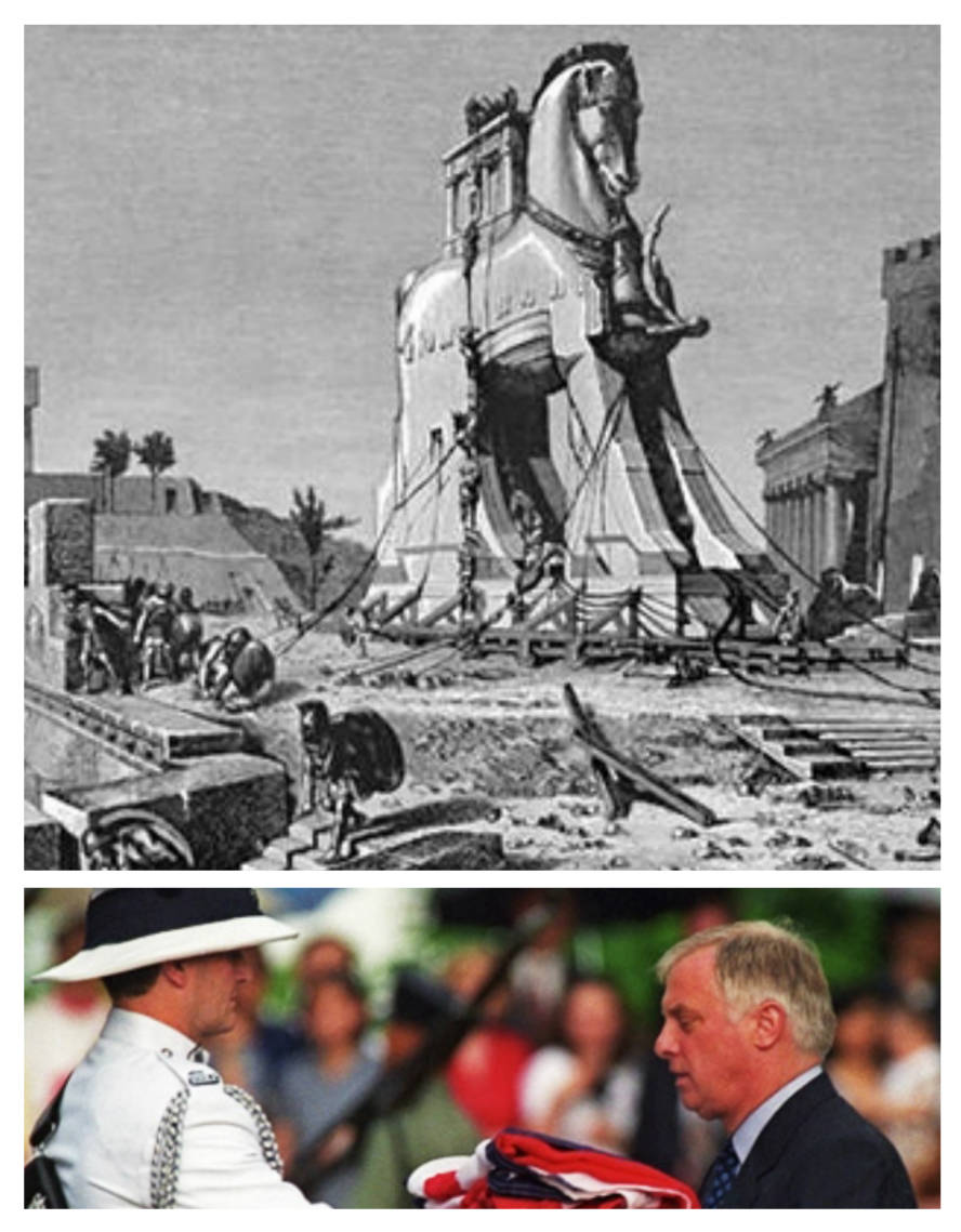 1997年7月1日,美國紐約時報頭版刊載一則「木馬屠城年( Year of the Trojan Horse)」的報導發人深省。望文生義,所謂「一國兩制」就是木馬屠城。(圖:合成自網路資料)