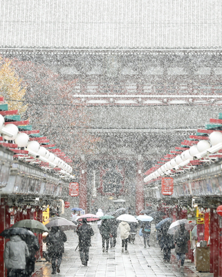 日本東京24日下起雪來，這是東京54年來第一場11月雪，民眾冒著寒風走在通往淺草寺的仲見世通商店街上。（共同社提供，中央社）