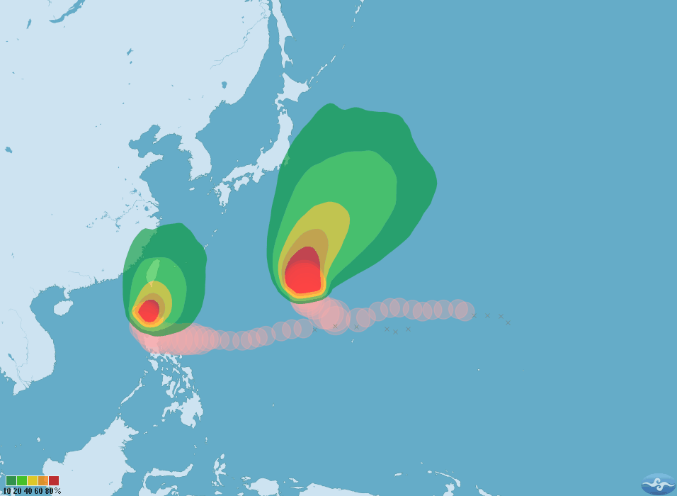 氣象局發布最新消息：巨爵颱風（圖左）可能轉為熱帶性低氣壓，對台灣的威脅減輕。(圖片取自氣象局網頁)