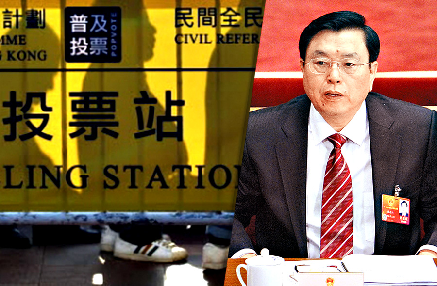 香港特區政府提出政改諮詢報告給北京人大會常委會討論審議，身兼中央港澳協調工作小組組長的全國人大常委會委員長張德江（右），表達了對普選方案的意見。（圖片：網路資料，民報合成）