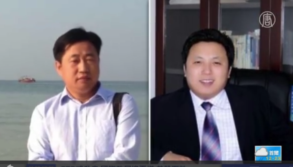 中國人權律師謝陽（左）遭中共酷刑，他的辯護律師陳建剛（右）擔心變成下一個江天勇，已經發表「不自殺聲明」，並聲稱如果他萬一也配合「自白」，那一定不是他的意志。截圖來源／新唐人電視台