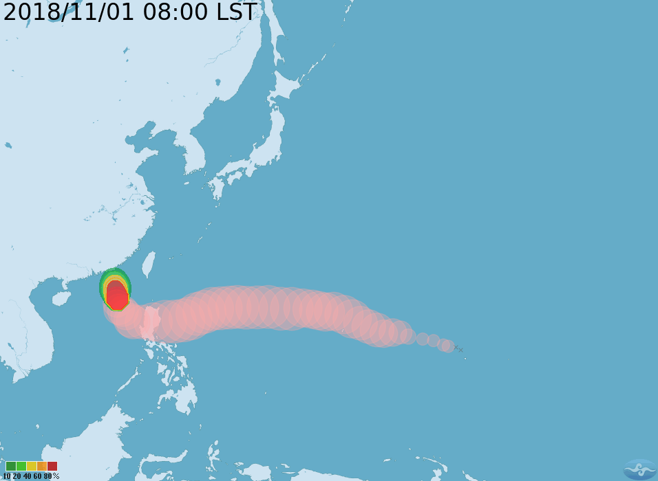 玉兔颱風重創呂宋島後轉為輕颱進入南海，將於今（1）日向北迴轉，以目前預估路徑來看，明（2）日會再往北北東偏，更接近台灣。圖／中央氣象局