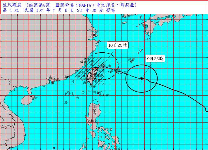 強烈颱風瑪莉亞逼近，中央氣象局今（9）日晚間11時30分發布陸上颱風警報。圖／取自中央氣象局網站